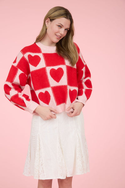 lots of love checkered heart sweater | red