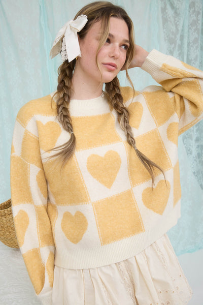 lots of love checkered heart sweater | butter yellow