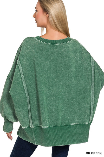 take a number acid wash hi-low fleece sweatshirt | dark green