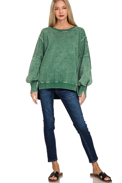take a number acid wash hi-low fleece sweatshirt | dark green
