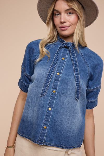 effortless staple tie neck button up top | washed denim
