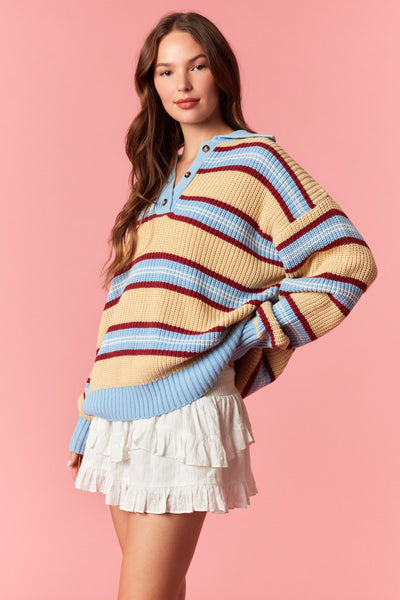 from far & away striped collared sweater | lt blue + lt yellow