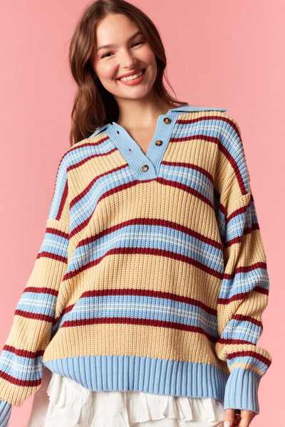 from far & away striped collared sweater | lt blue + lt yellow