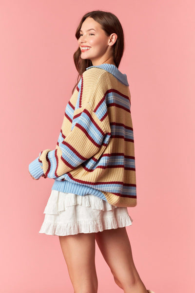 from far & away striped collared sweater | lt blue + lt yellow