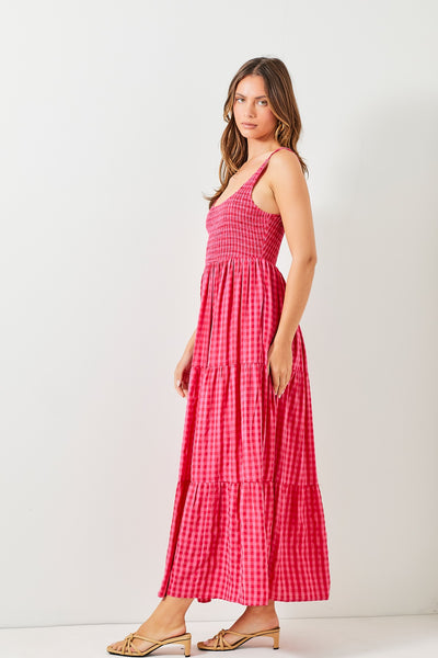 destination daydream smocked gingham maxi dress | fuchsia