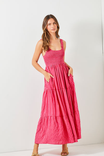 destination daydream smocked gingham maxi dress | fuchsia