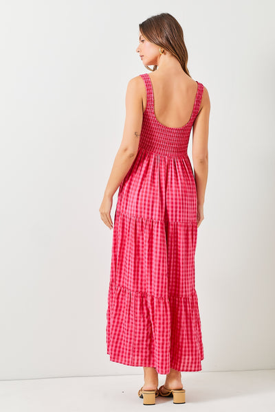 destination daydream smocked gingham maxi dress | fuchsia