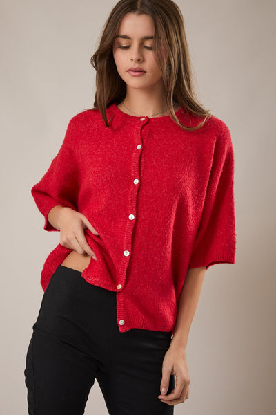 crossing the line short sleeve cardigan | red