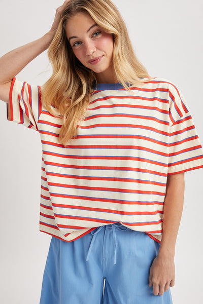 hold on gently striped boxy knit tee | cream + red