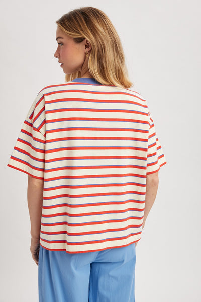 hold on gently striped boxy knit tee | cream + red