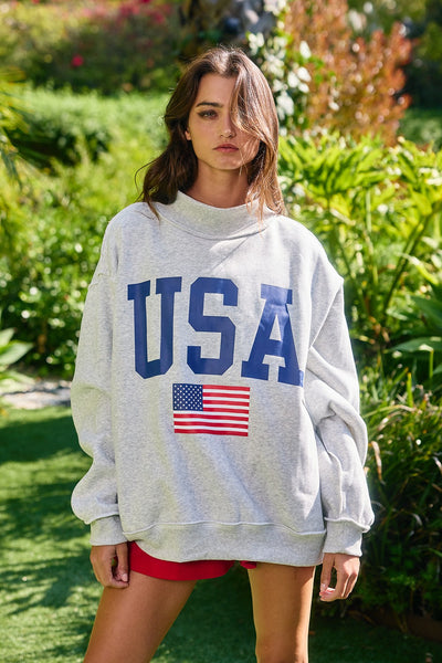 USA + America reversible mock neck pullover | heather grey