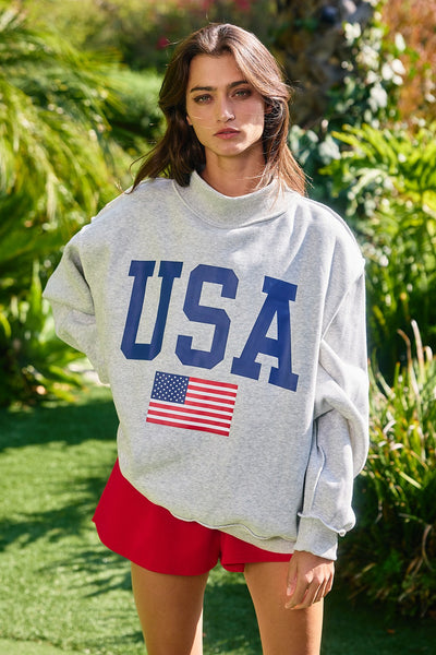 USA + America reversible mock neck pullover | heather grey