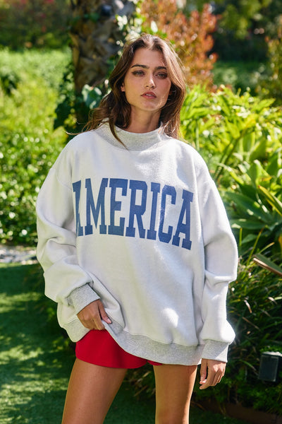 USA + America reversible mock neck pullover | heather grey