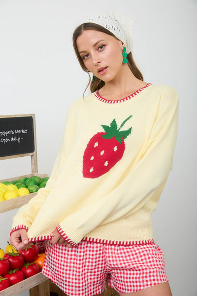perfectly aligned strawberry motif sweater | butter yellow