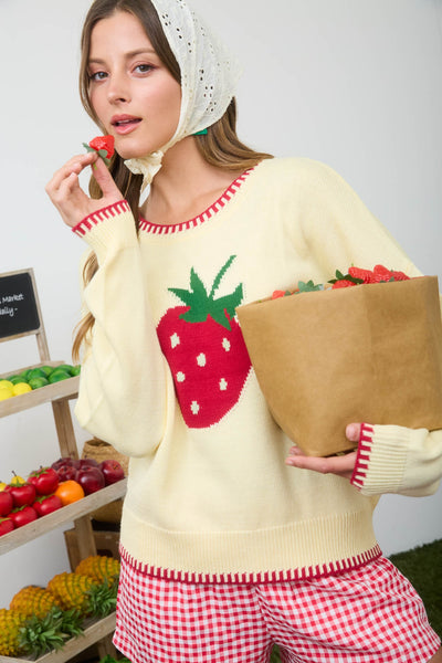 perfectly aligned strawberry motif sweater | butter yellow