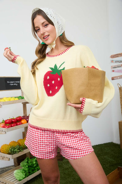perfectly aligned strawberry motif sweater | butter yellow