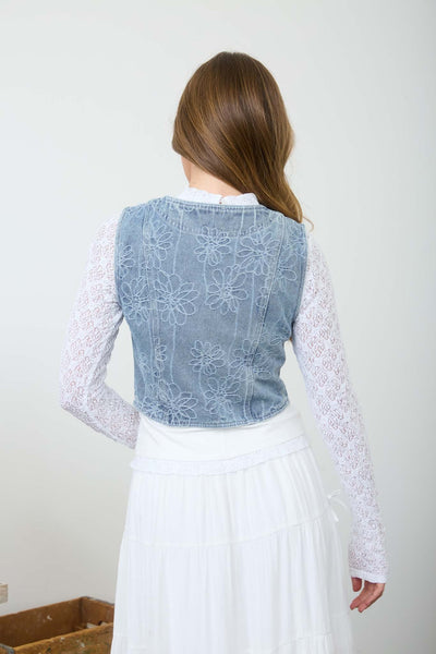 in the mix washed floral front tie vest | denim