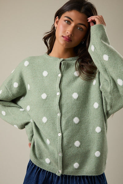 couldn't miss it plush cardigan | sage + white polka dot