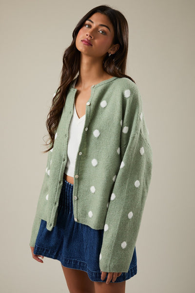 couldn't miss it plush cardigan | sage + white polka dot