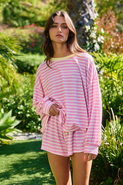 catching waves striped waffle knit set | pink + yellow