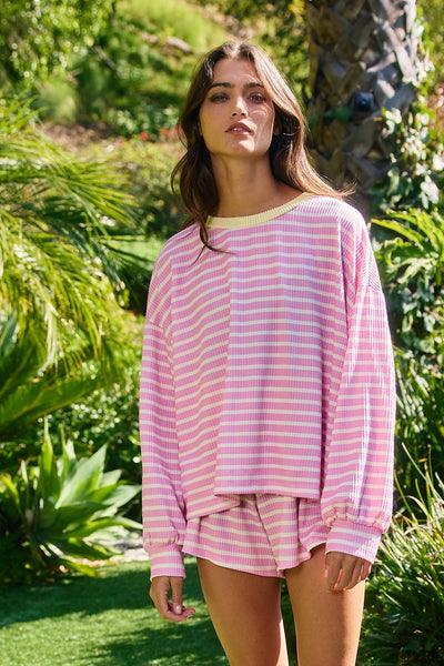 catching waves striped waffle knit set | pink + yellow