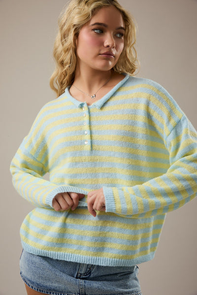 boardwalk bound rolled hem half button striped sweater | blue + yellow
