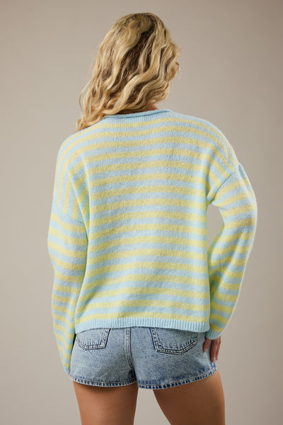 boardwalk bound rolled hem half button striped sweater | blue + yellow