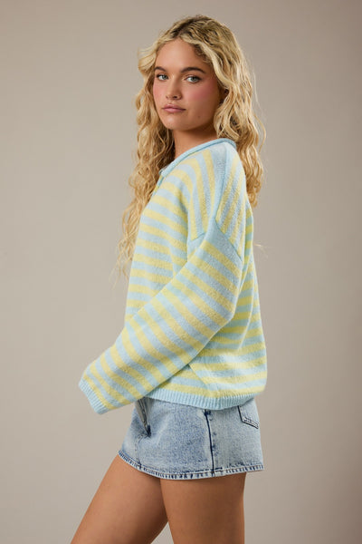 boardwalk bound rolled hem half button striped sweater | blue + yellow