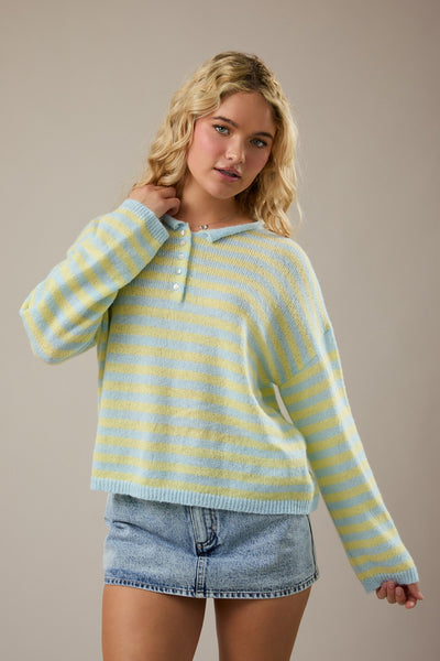 boardwalk bound rolled hem half button striped sweater | blue + yellow
