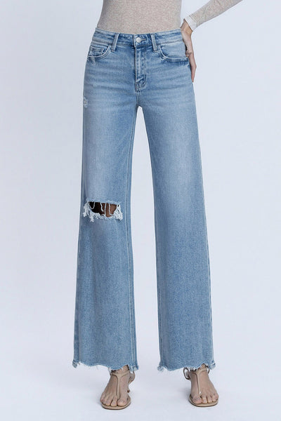 bryce high rise distressed wide leg raw hem jeans | glowing