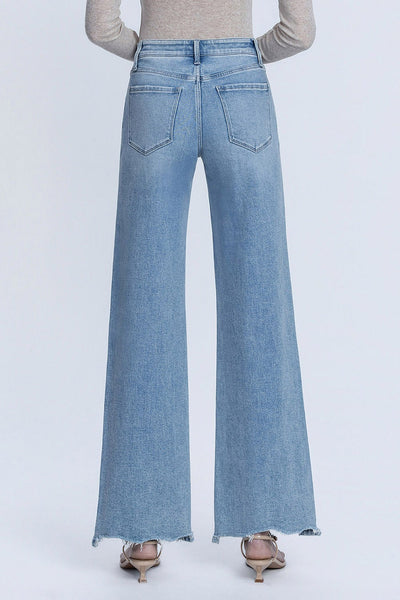 bryce high rise distressed wide leg raw hem jeans | glowing