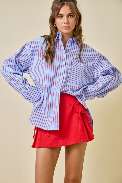 in good form striped button down top | blue + red