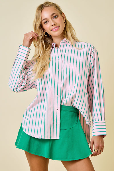 as time goes by striped button down top | pink + green