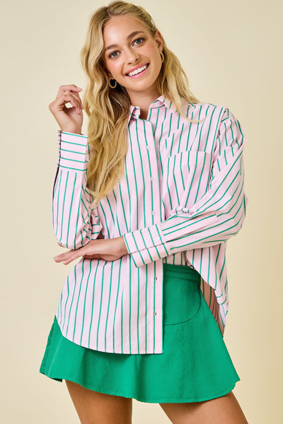 as time goes by striped button down top | pink + green