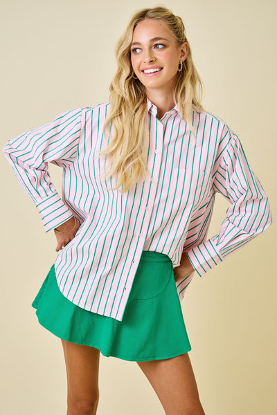 as time goes by striped button down top | pink + green
