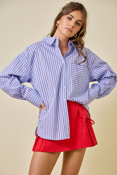 in good form striped button down top | blue + red