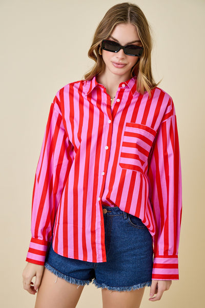 the way forward striped button up top | red + pink