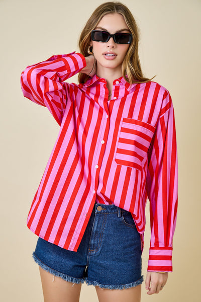 the way forward striped button up top | red + pink