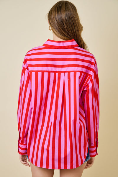 the way forward striped button up top | red + pink