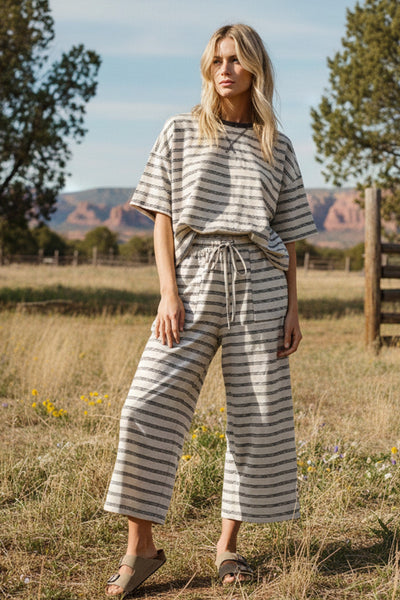 simply styled striped relaxed knit set | brown + oat