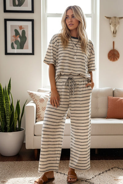 simply styled striped relaxed knit set | brown + oat