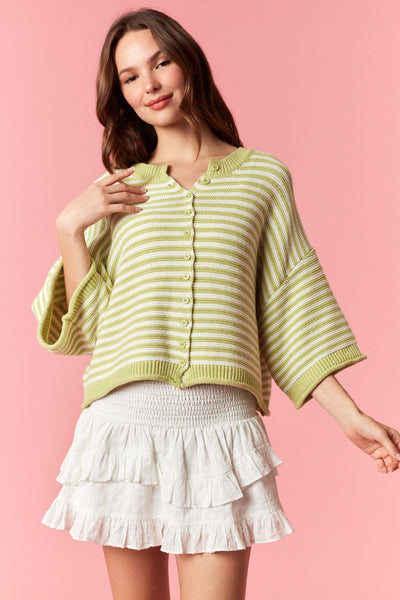 happy days striped button up cardigan | green + off white