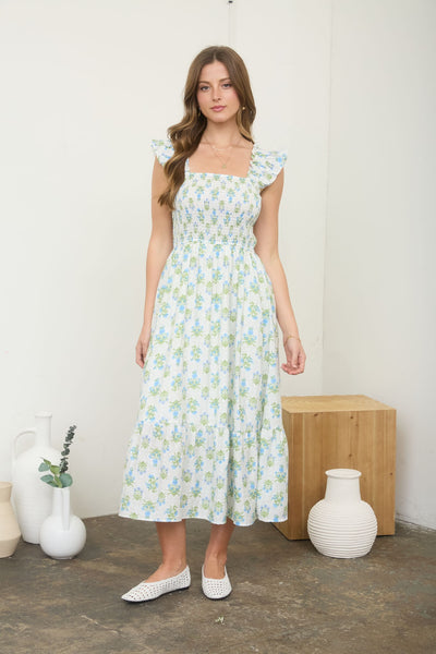 pretty with purpose floral smocked midi dress | blue