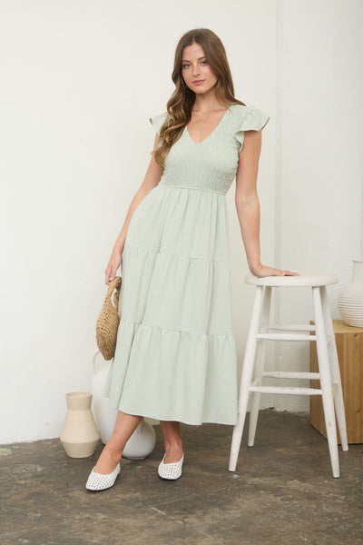 morning light flutter sleeve midi dress | light olive