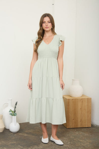 morning light flutter sleeve midi dress | light olive