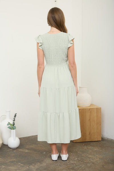 morning light flutter sleeve midi dress | light olive