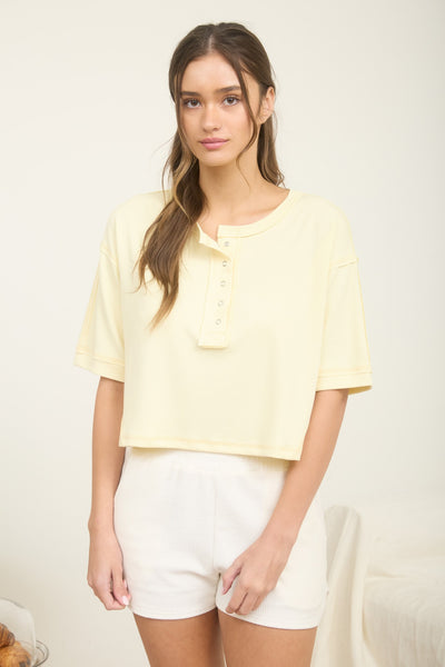 above all else boxy henley top | butter yellow
