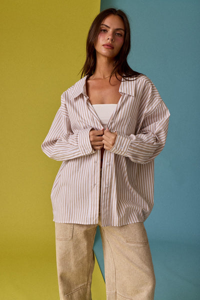 sunny days oversized striped button up top | taupe
