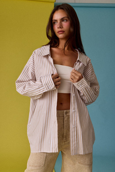 sunny days oversized striped button up top | taupe