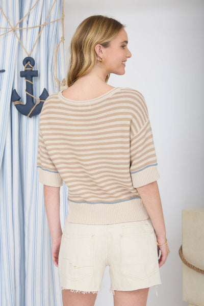 face the day striped contrast trim sweater | khaki